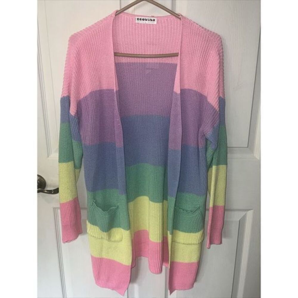 EcoWish Striped Oversized Knit Open Front Longline‎ Cardigan Sweater Size Large